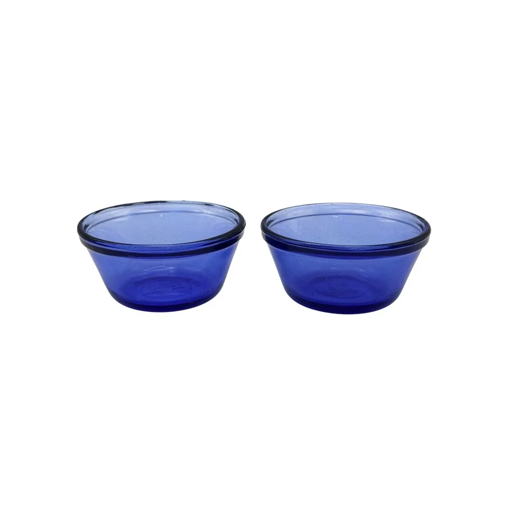 Cobalt Blue Glass Custard Cups Ramekin Set 2 Prep Bowls 6oz Vintage Blue